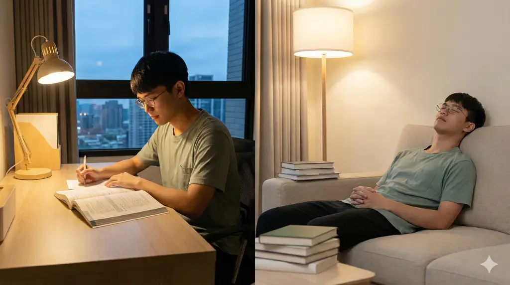 學生在安靜的環境中專心準備統測，完成讀書後放鬆休息，呈現有節奏的考試準備狀態