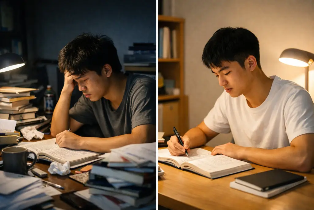 高中生準備統測的兩種狀態對比，一邊是熬夜苦讀、書桌凌亂，另一邊是專心讀書、桌面簡潔，呈現讀得久與讀得對的差異