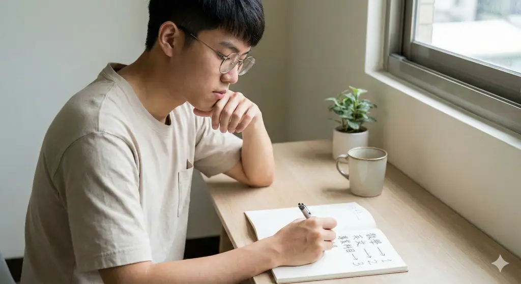 考生整理統測各科讀書優先順序，以筆記方式規劃加權策略，將時間集中在最有勝算的科目