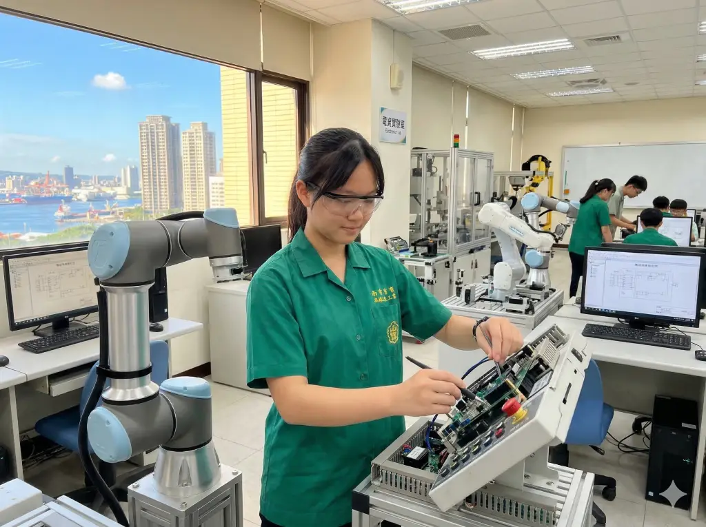 台灣技高女學生,在明亮現代的電資實驗室中,專注地操作一具工業級機械手臂。