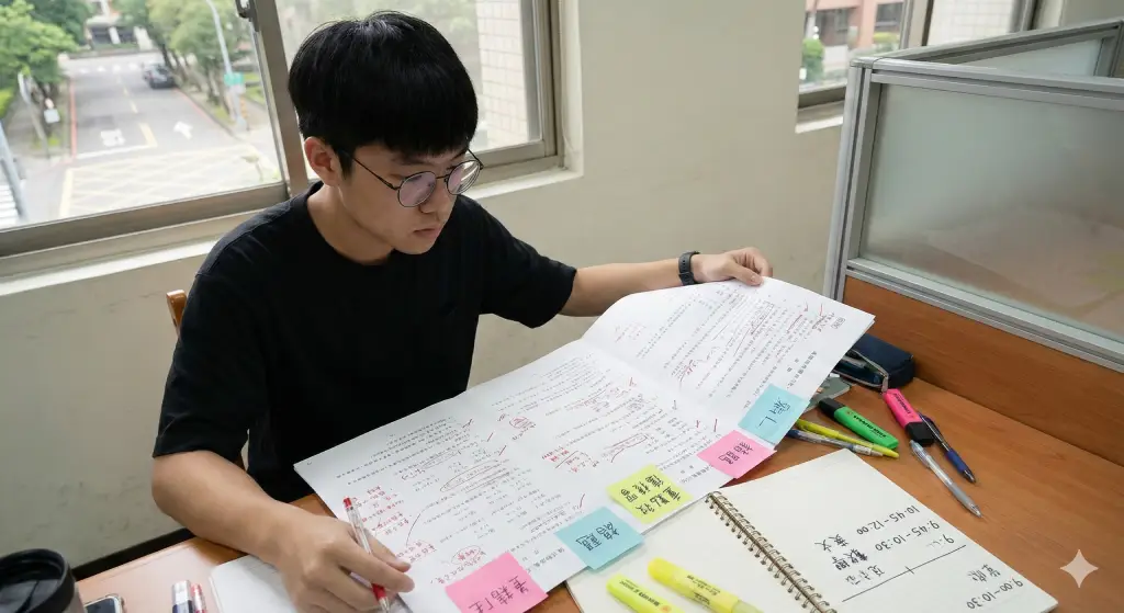 分析統測試卷結構，在考卷上標記不同題型與答題順序，幫助掌握考場節奏