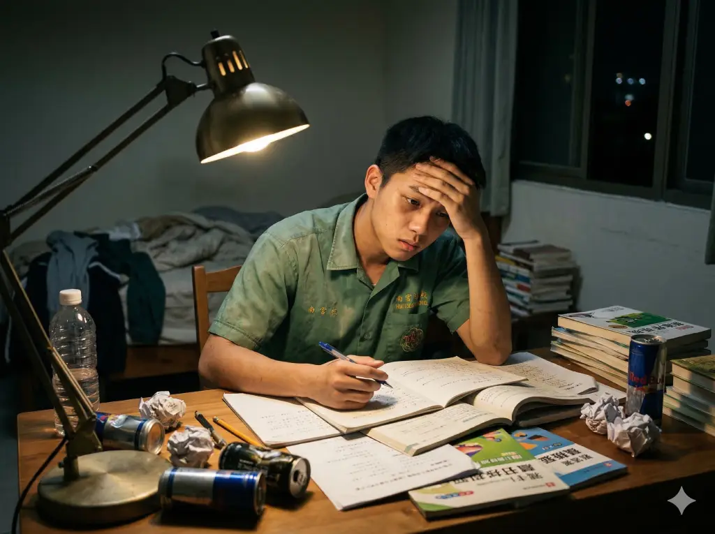 國三男生在深夜的書桌前,面對升學體制選擇的巨大壓力。