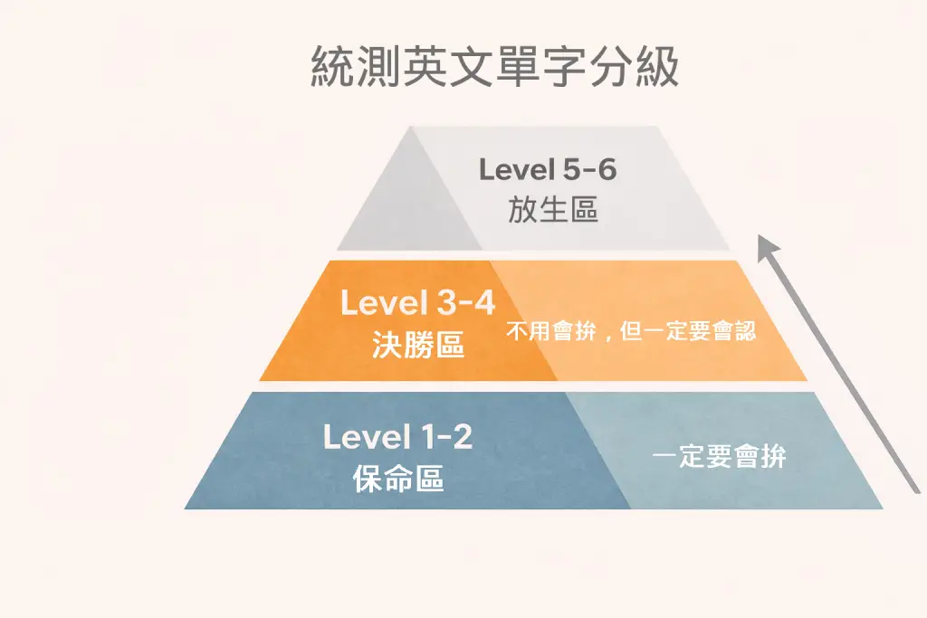 三個層級結構呈現統測英文單字的難度分級，象徵保命區、決勝區與放生區的準備優先順序