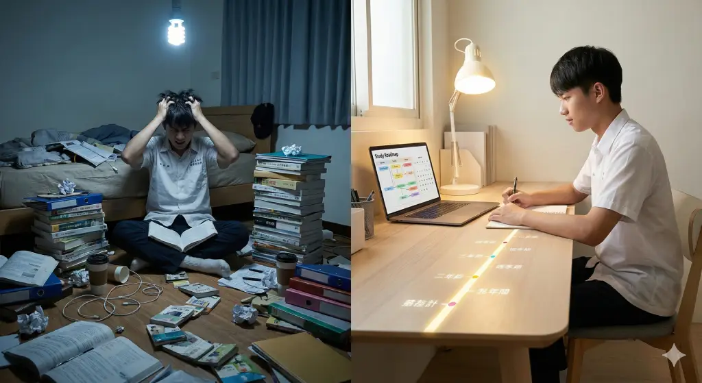 一邊是被大量書籍包圍、讀書路線混亂的學生，另一邊是依照清楚學習路線圖準備考試的學生，象徵有策略與無策略的差異
