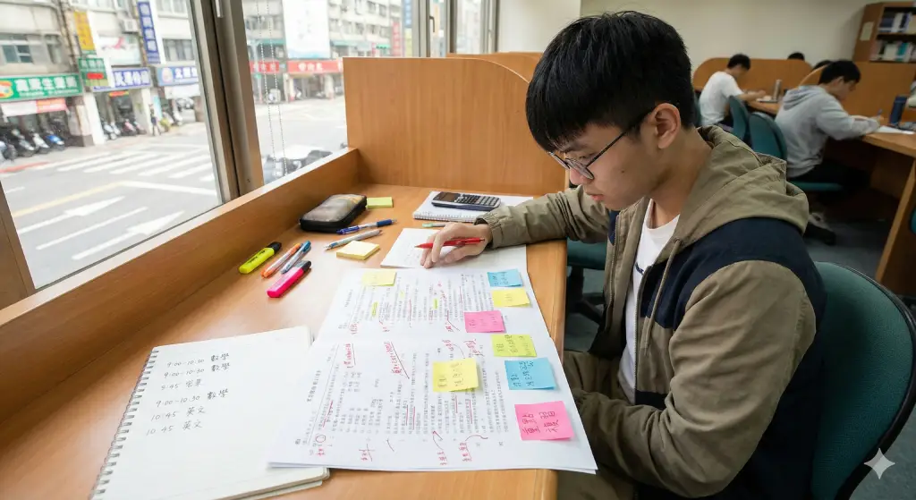 學生分析統測試卷結構，在考卷上標記不同題型與答題順序，幫助掌握考場節奏