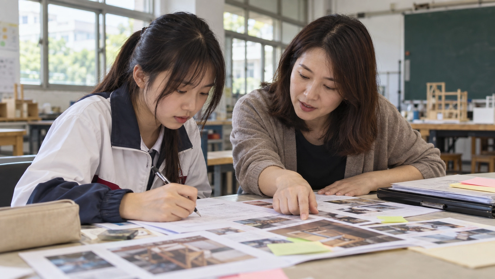 高職學生與老師討論學習歷程草稿並修改內容